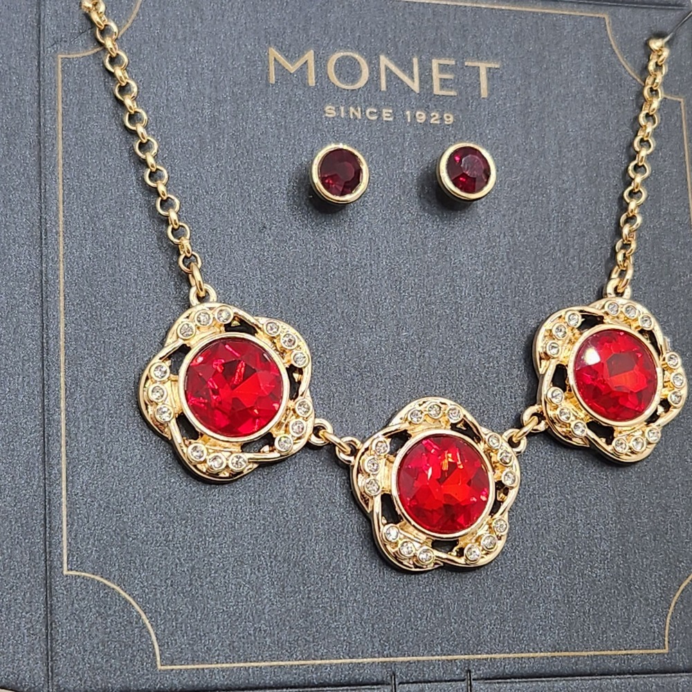 Monet Red Crystal‎ Flower Necklace and Stud Earrings Set Glam Prom Evening